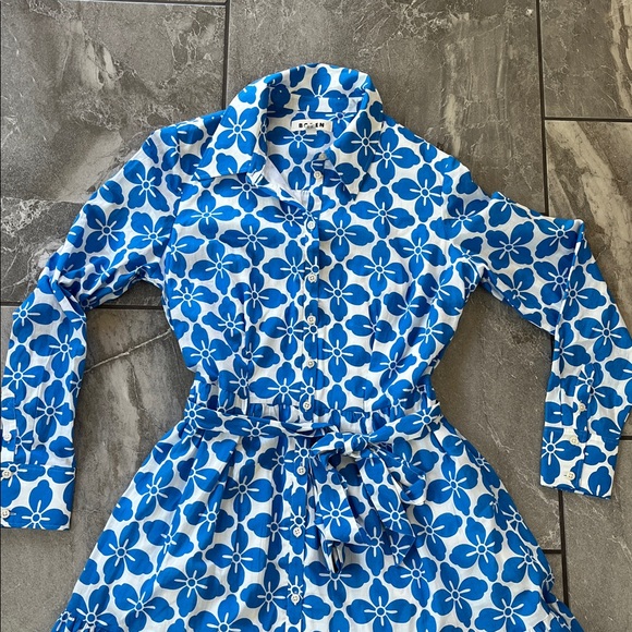 💙 Boden Flo Cotton Midi Shirt Dress Size 12 Indigo Bunting Floral Tile Blue - Picture 5 of 7